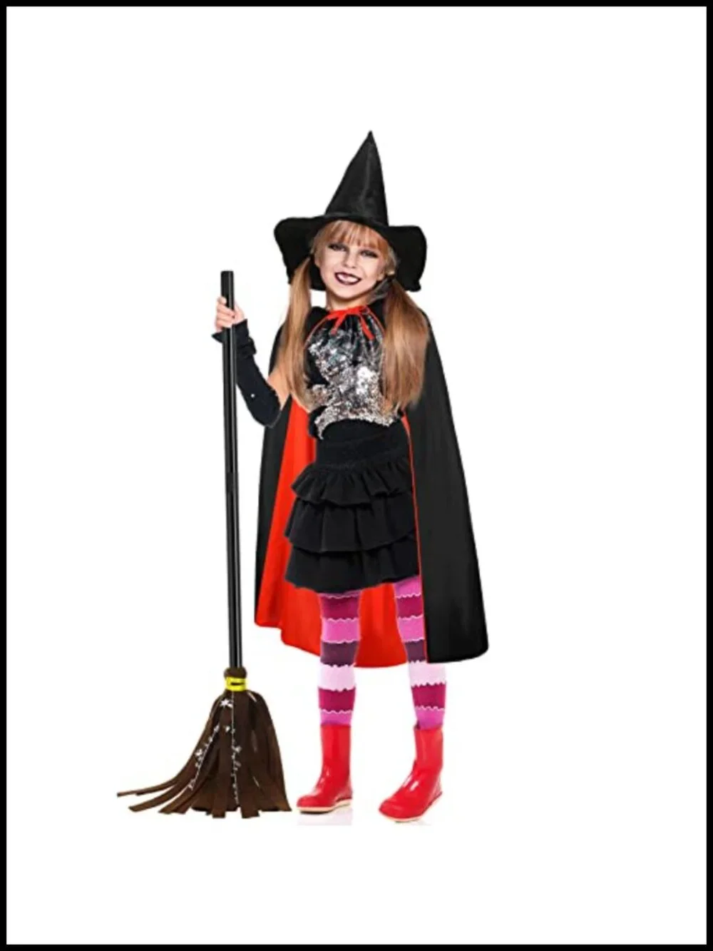 Kids Witch Costume Set Reversible Cape Hat Broom Halloween